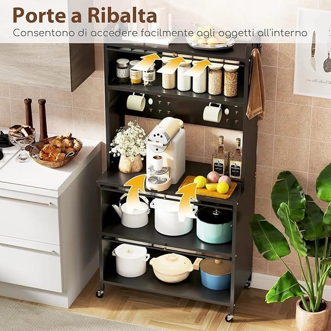 Credenza Alta per Cucina con 5 Ripiani e 3 Ante a Ribalta Traslucide, Mobile Cucina con Ruote e Panello a Ganci, Armadio Cucina Porta Microonde (80 x 40 x 160 cm,Nero)
