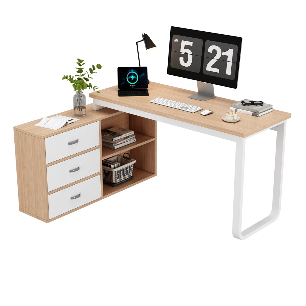 Scrivania lineare con 3 cassetti e 2 vani aperti, struttura in MDF e metallo, finitura naturale e bianco per ufficio