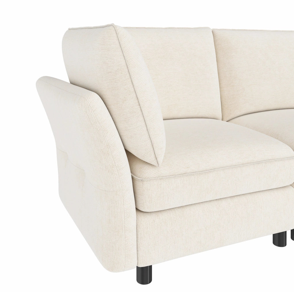 Divano modulare a L con pouf contenitore, 4-5 posti, tessuto chenille, beige
