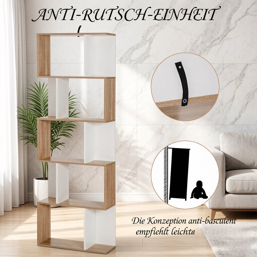Libreria moderna a S 5 ripiani rovere e bianco 60x24x184,5 cm