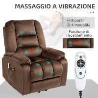 Poltrona Relax Alzapersona Reclinabile, Massaggiante e Riscaldata in Velluto, Marrone
