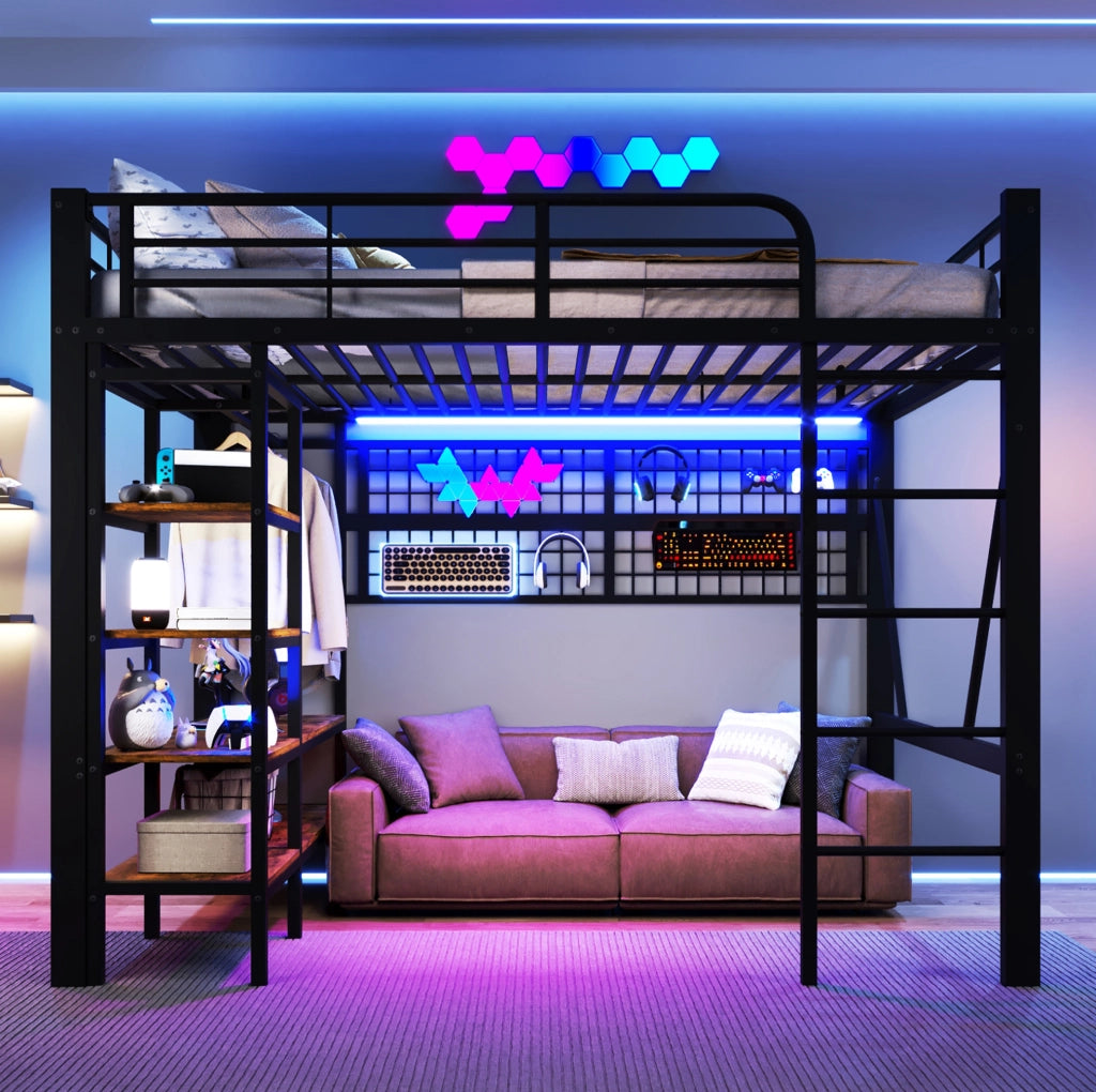 Letto a soppalco 140 x 200 cm in metallo nero con LED, ripiani e rete
