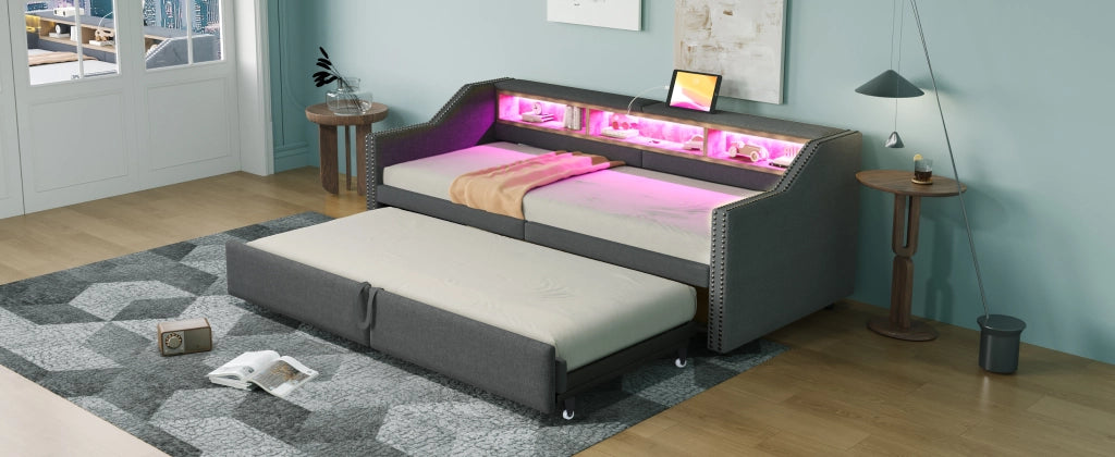 DESMIU Lit divano 90 × 200 cm et 180 × 200 cm 2 posti con ripiani, LED, USB, senza materasso, in lino, grigio scuro