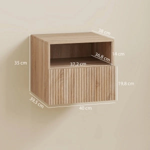 Comodino sospeso in effetto legno naturale, design senza maniglie, 1 cassetto e vano aperto, montaggio a parete