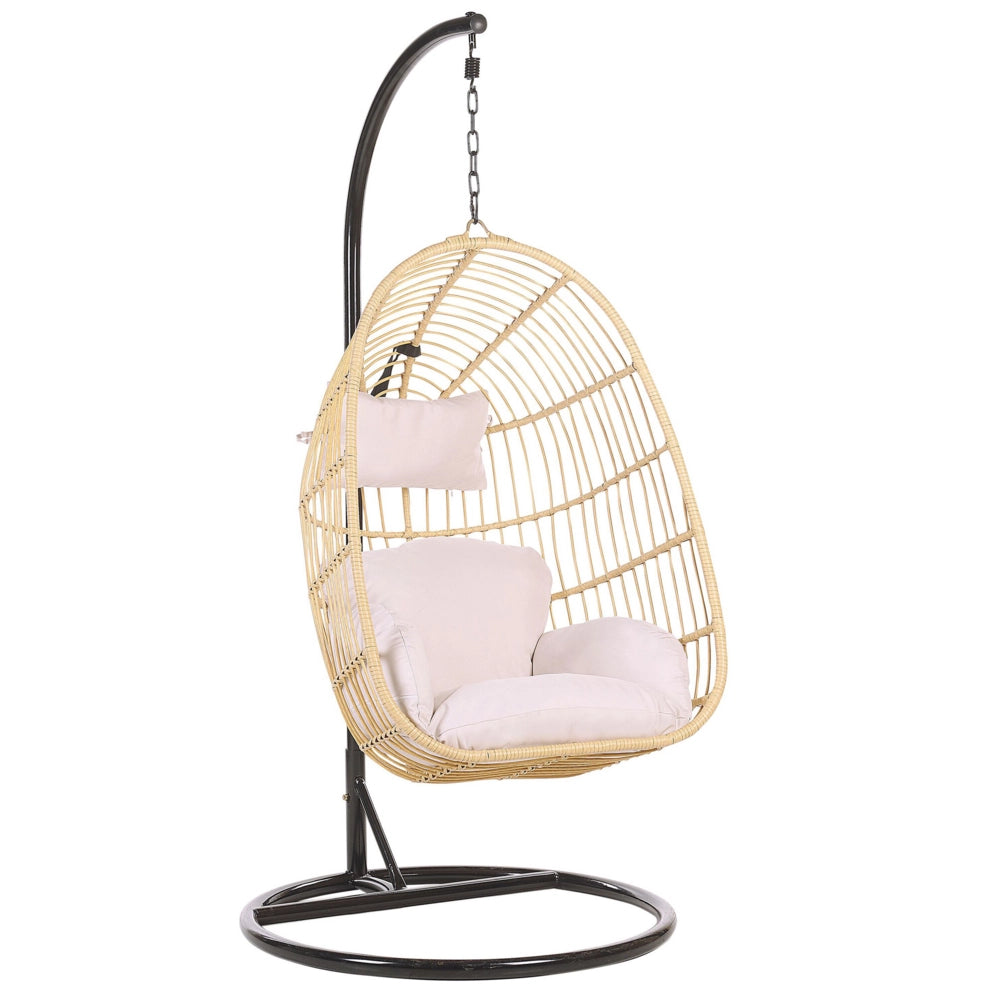 Sedia sospesa poltrona pensile in rattan beige con struttura in metallo a forma di uovo per interni ed esterni Boho