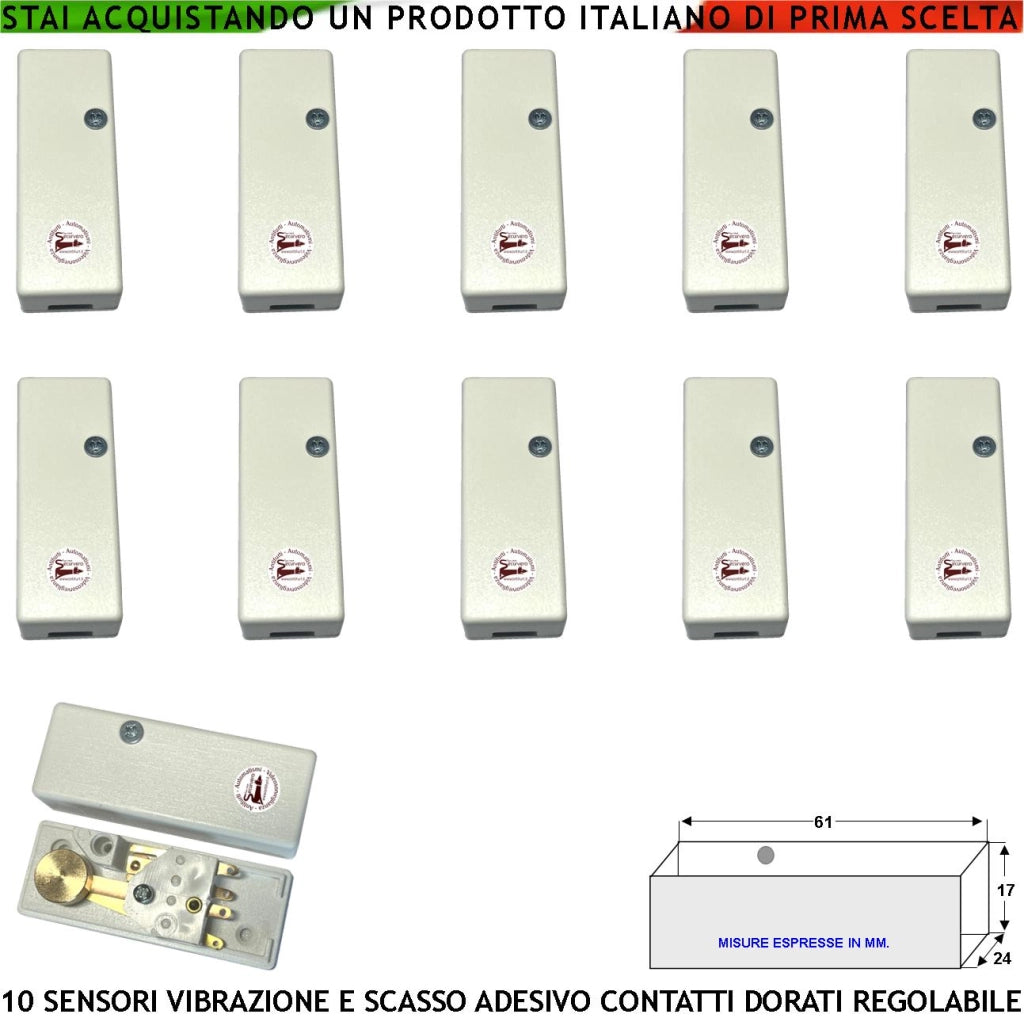 Sensore Adesivo Rileva lo Scasso le Vibrazioni Continue Dieci Pezzi Via Filo Per Allarme Inferriate Porte Vetrate Martelletto Regolabile Contatto Allarme NC Tamper Contenitore Adesivo ABS Bianco IP30