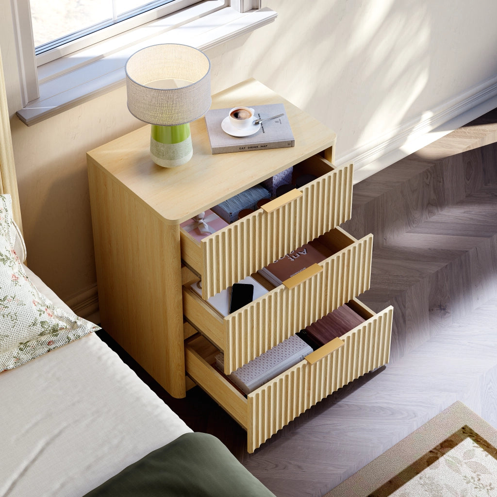 Comodino con 3 cassetti e guide ammortizzate pannelli scanalati MDF rovere camera da letto 58 × 38 × 64 cm