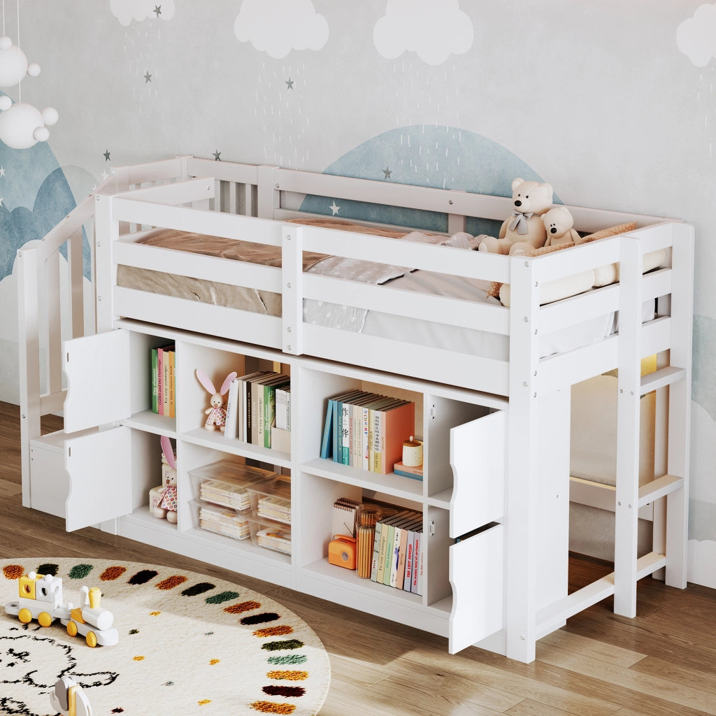 Letto a soppalco 90x200 cm con scala contenitore e LED in legno bianco