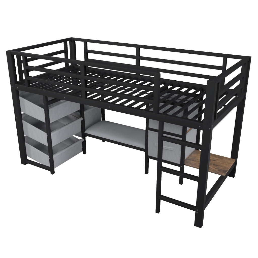 Letto semi-alto in metallo con cuscino, cassetti e LED, 90x200 cm, nero