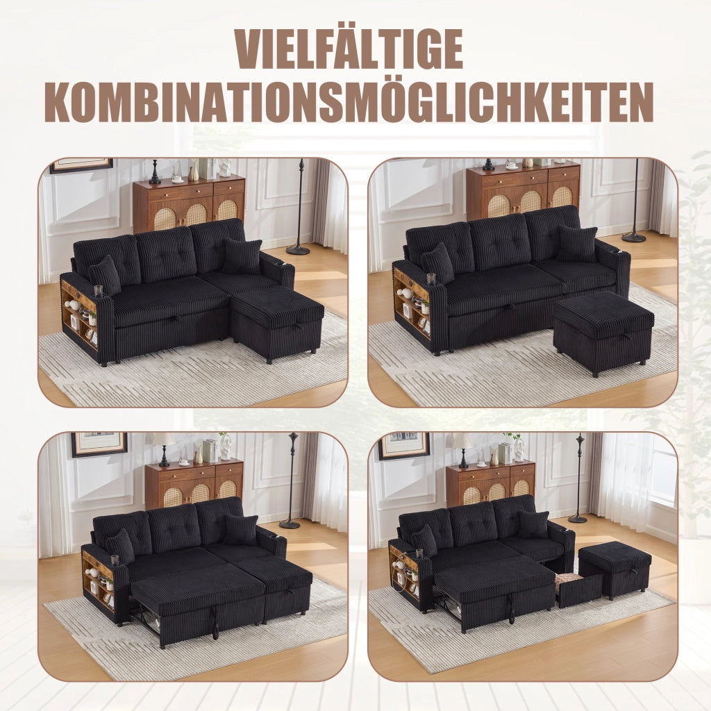 Divano letto modulare - con contenitore; USB e LED - in velluto a coste - nero