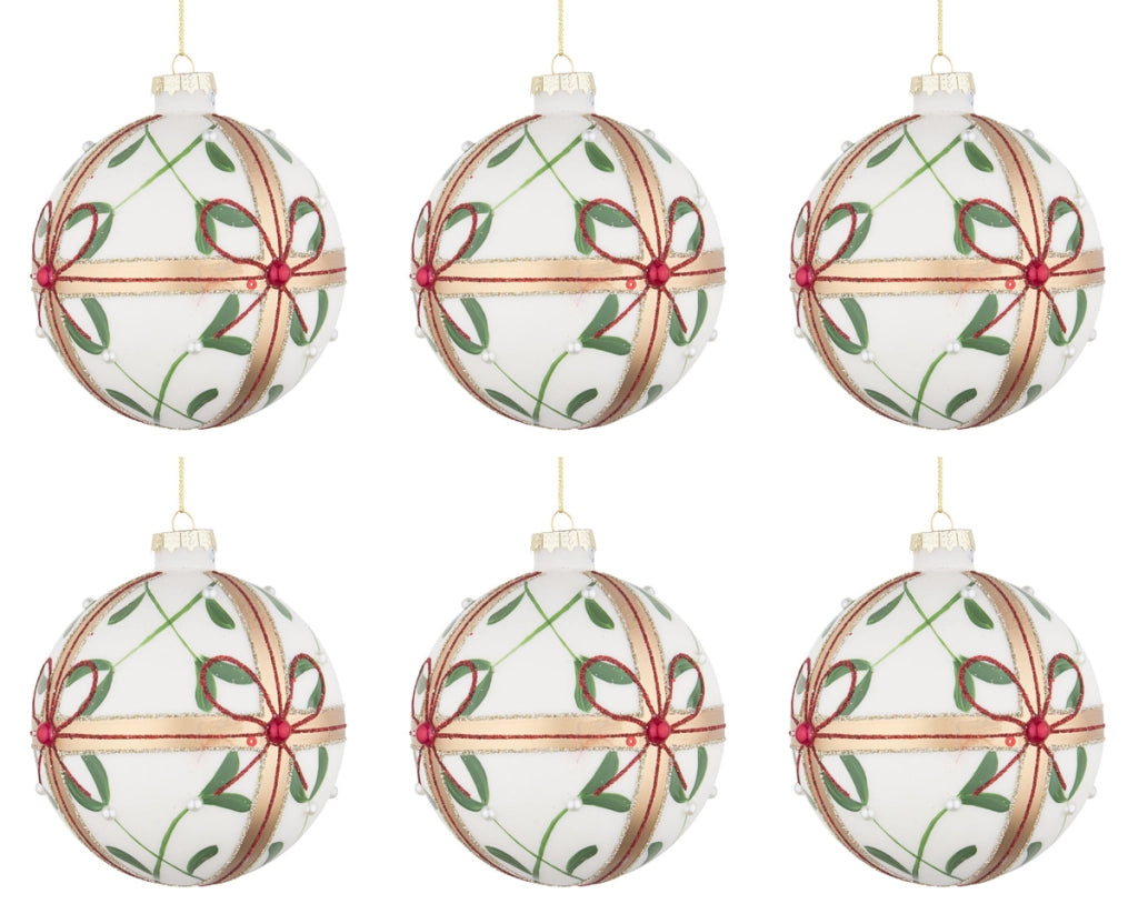Palline di Natale in Vetro Bianche Fiocco Eleganti Addobbi Albero Decorazioni Diametro: 80 mm