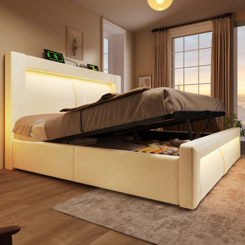 Letto matrimoniale 140x200 cm con contenitore; LED; USB e Type-C; velluto beige con materasso