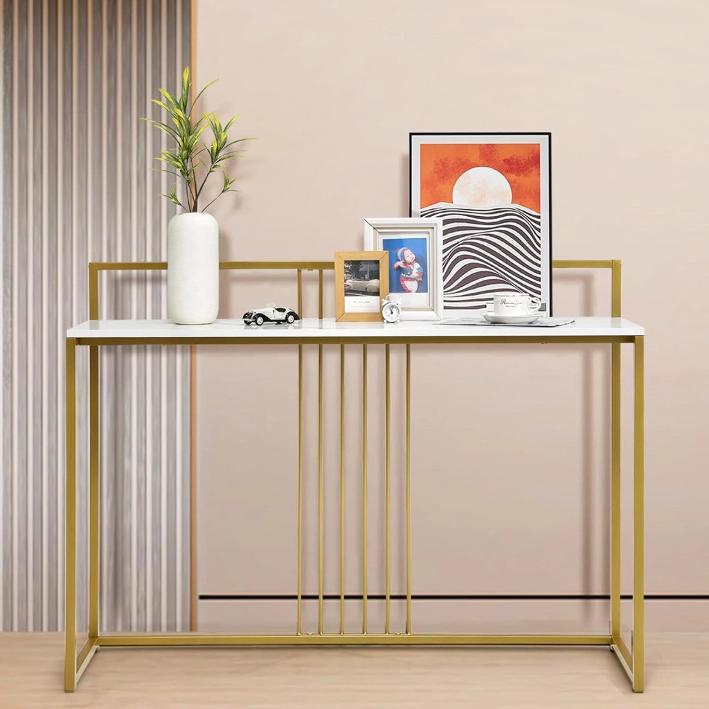 Tavolo Consolle in Marmorizzato Oro, Tavolino da Corridoio Struttura in Metallo, Tavolino da Salotto Design Moderno e Sottile, 120 x 30 x 88 cm (Bianco+Oro)