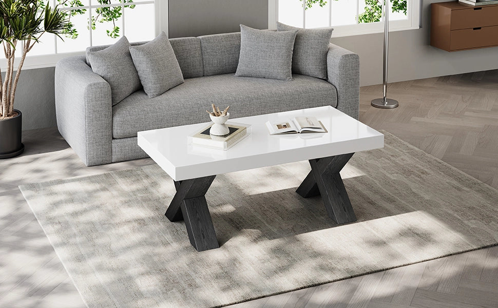 Tavolino basso rettangolare con piano lucido e gambe a X, per soggiorno, in MDF, bianco e nero, 100 × 50 × 40 cm