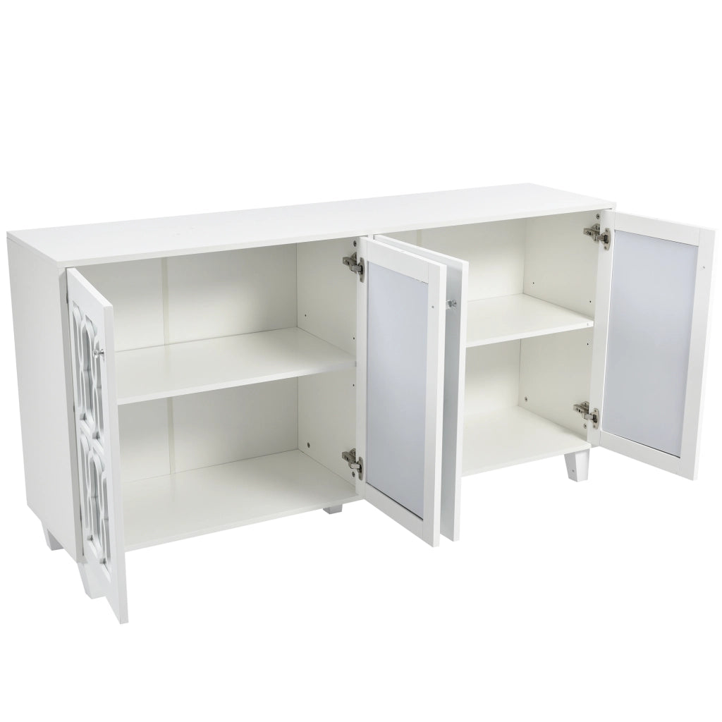 Credenza e Madia con 4 Ante e Ripiano Regolabile; Frontali a Specchio; Maniglie Cristallo; in MDF; 160??40??84 cm; Bianco