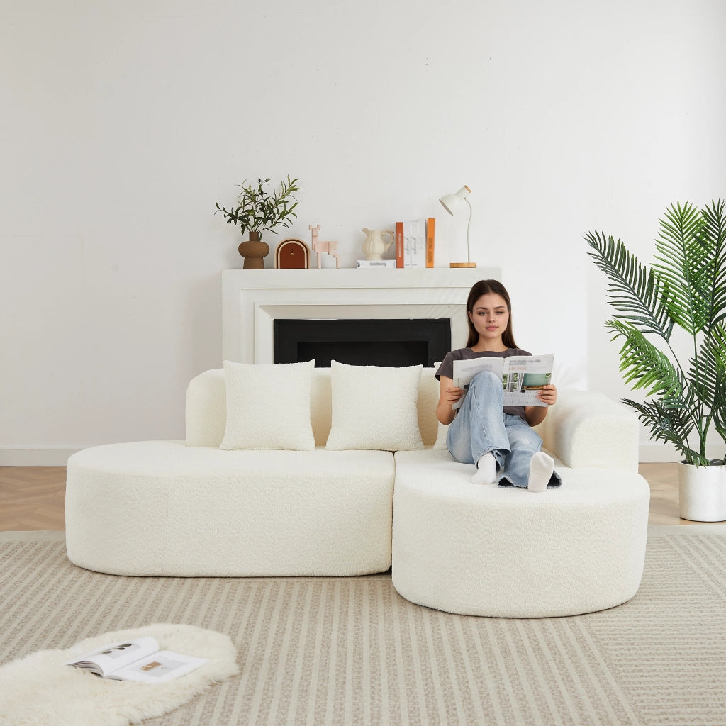 Divano angolare con chaise longue a destra e 3 cuscini schienale, design arrotondato in ciniglia beige