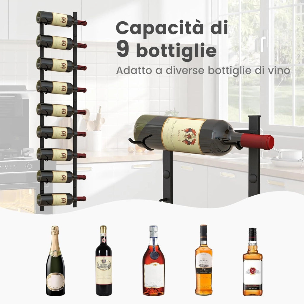 Portabottiglie Vino da Parete, Cantinetta Vino da Parete, Porta Bottiglie di Vino da Parete in Metallo per Cucina, Sala da Pranzo, Cantina, Bar, per 9 Bottiglie