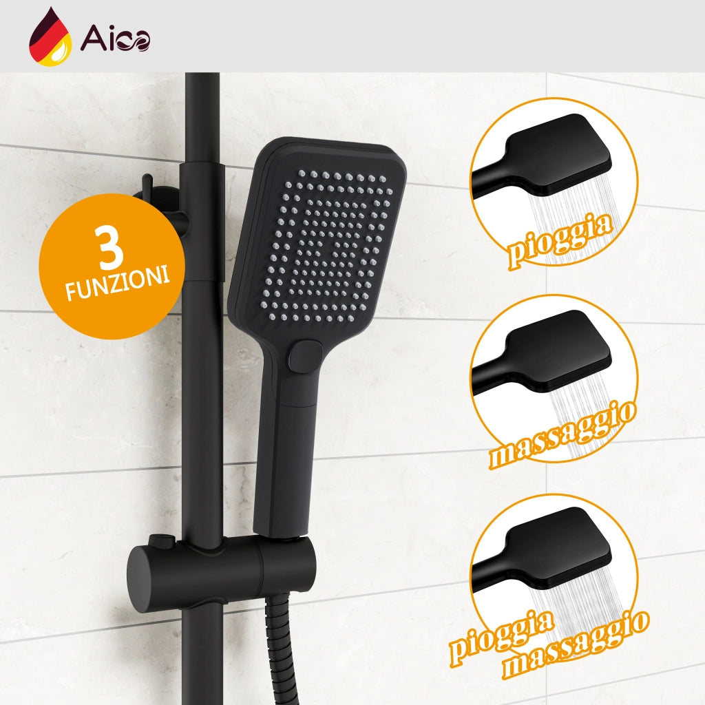 AICA Colonna doccia con miscelatore termostatico, rubinetto doccia 28x4cm, soffione doccia quadrato 30x30cm in acciaio inox nero