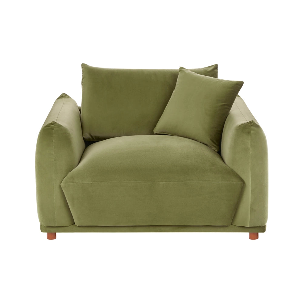 Poltrona in velluto verde con gambe in legno morbido, da salotto con braccioli stile moderno
