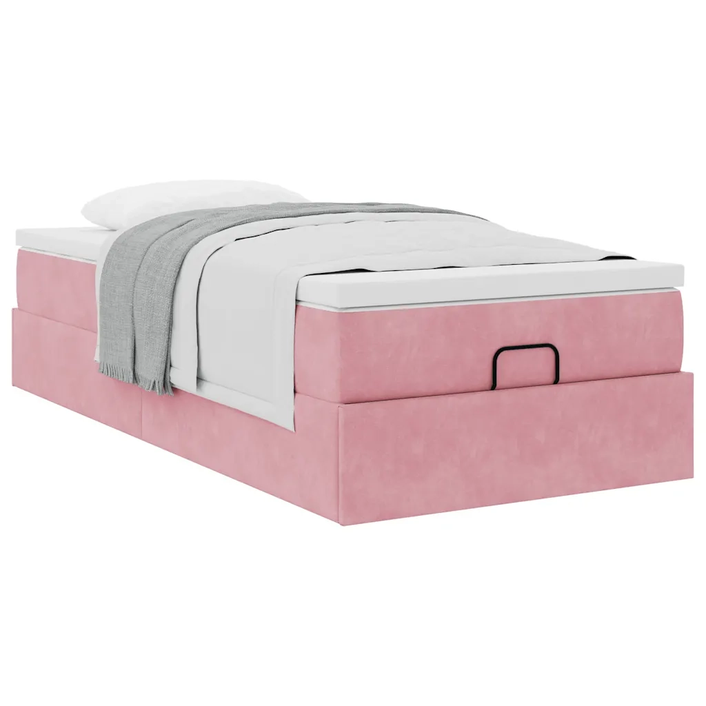 Struttura Letto Pouf con Materasso Rosa 90x200 cm in Velluto
