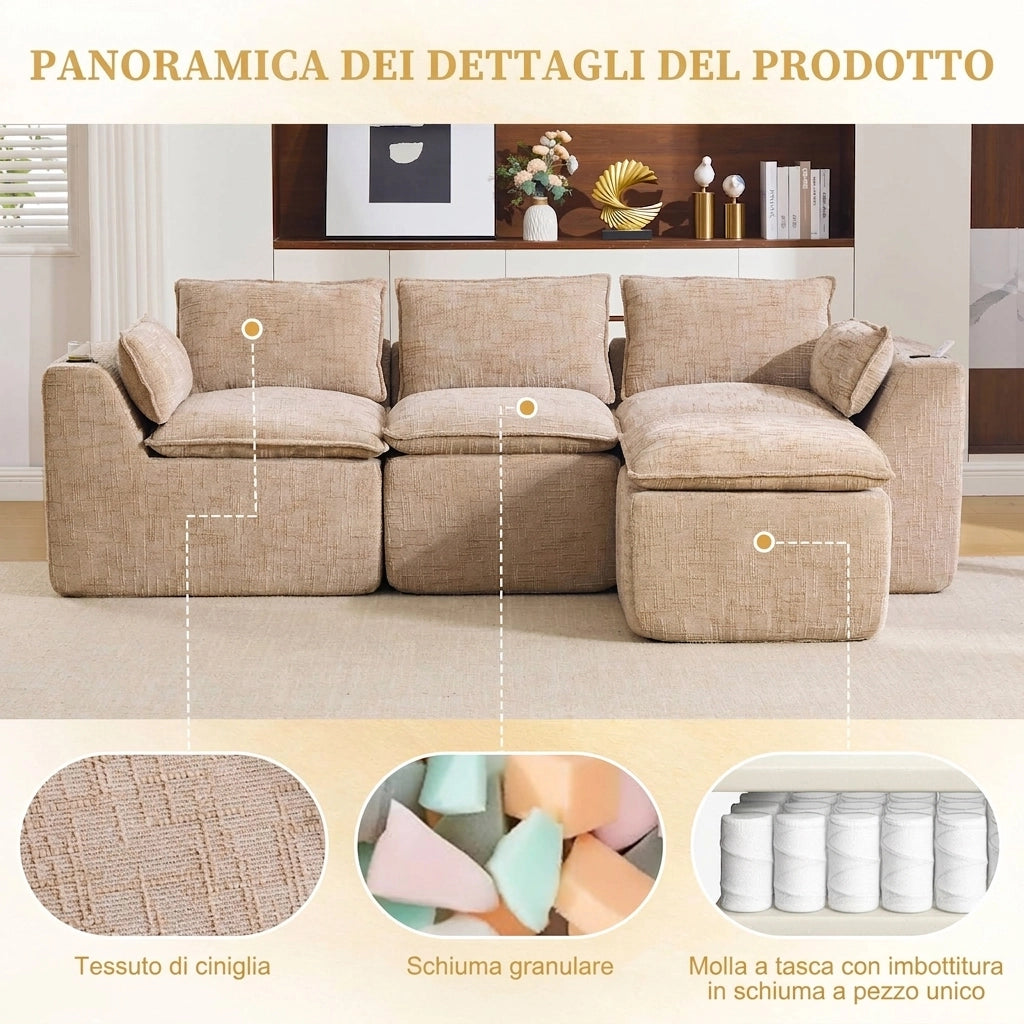 Divano modulare 3 posti color cachi con pouf; 256x161x75 cm; in ciniglia