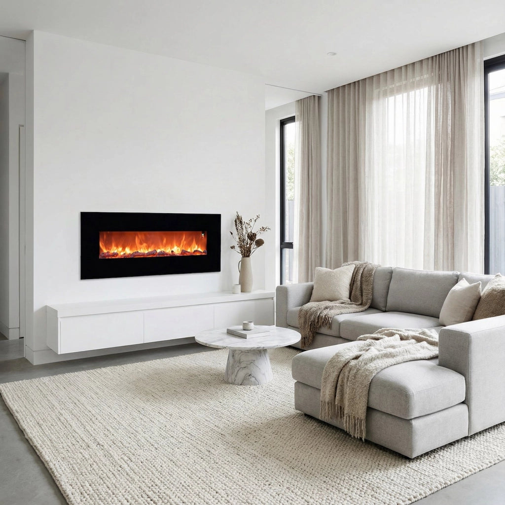 Sined Aprica Caminetto Elettrico Da Parete In Acciaio e Vetro Da 1500w Effetto Fiamma Led Nero Realistico Effetto Fiamma Led In 6 Livelli Di Intensita Della Luce Con Telecomando Per Casa e Ufficio