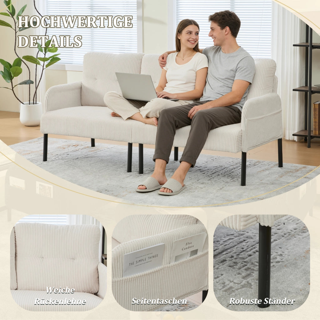 Divano a 3 posti in tessuto corduroy con seduta ampia, tasca laterale, schienale ergonomico e struttura in metallo beige