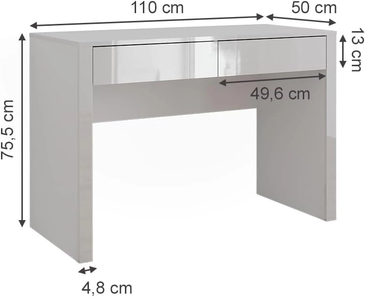 Scrivania Annabelle, Bianco lucido/bianco, 110 x 50 cm con 2 cassetti, adatto come postazione di lavoro per home office o studio