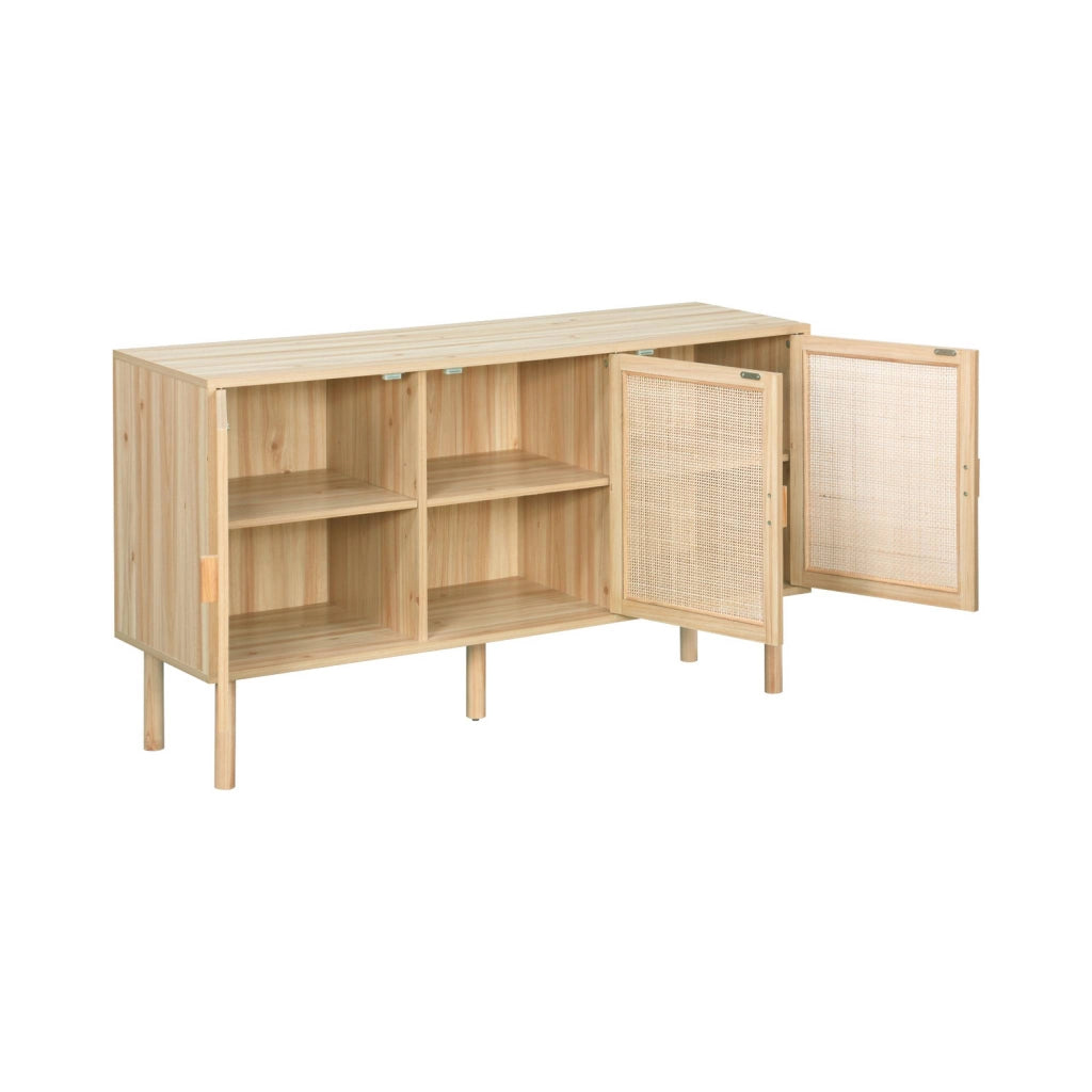 Credenza in vimini ed effetto legno a 3 ante, 120cm, marrone naturale