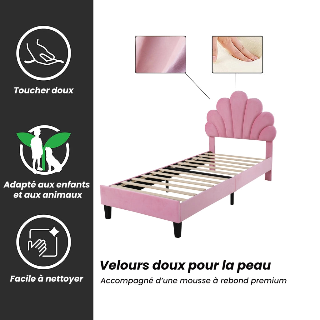 Letto Singolo 90×200 cm; 1 Posto con Testiera a Fiore; senza Materasso; Imbottito; Rosa