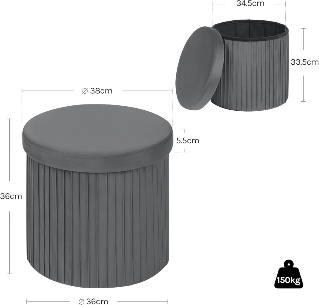 Pouf Sgabello con Contenitore Rotondo, Poggiapiedi per Divano, Pouf Basso Pieghevole, per Soggiorno, Camera da Letto, in Velluto, φ38xH36cm, Grigio Scuro