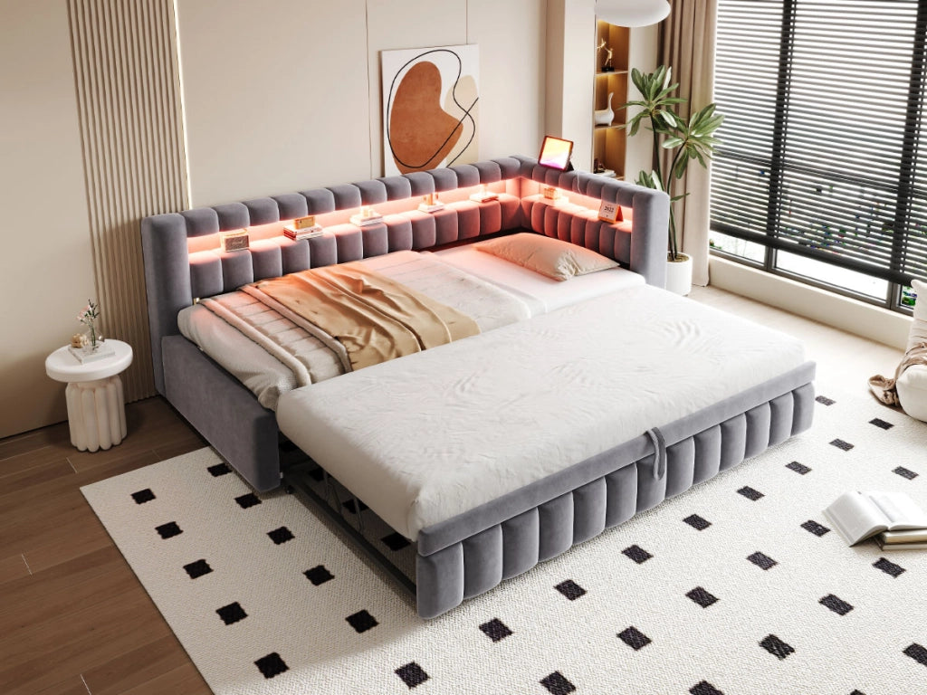 Divano letto imbottito estraibile 90x200 cm con LED, porta USB e vano portaoggetti, grigio