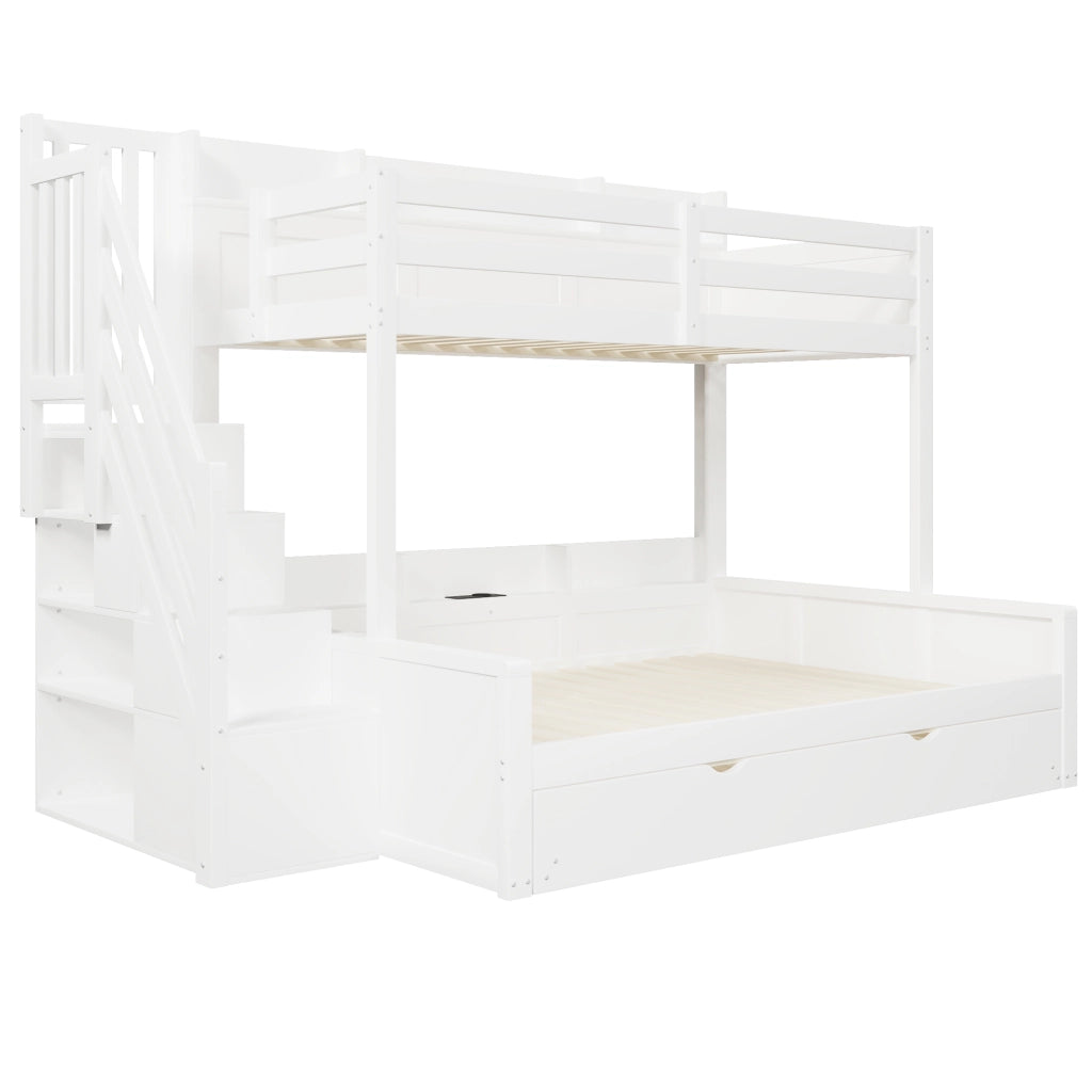 Letto a castello 90×200 cm e 140×200 cm 4 posti, estraibile 90×190 cm, USB e scale contenitore, senza materassi
