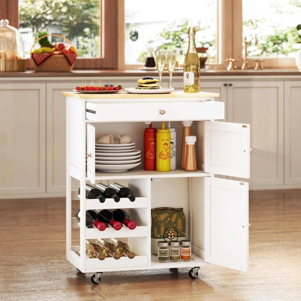 Carrello da Cucina Interno e Esterno, 1 Cassetto + 3 Ante + 3 Porta Vino, Credenza Mobile con 2 Ruote Bloccabili, Salvaspazio, Portata di 30 kg, 67x37x86 cm, 2 Colori (Bianco)