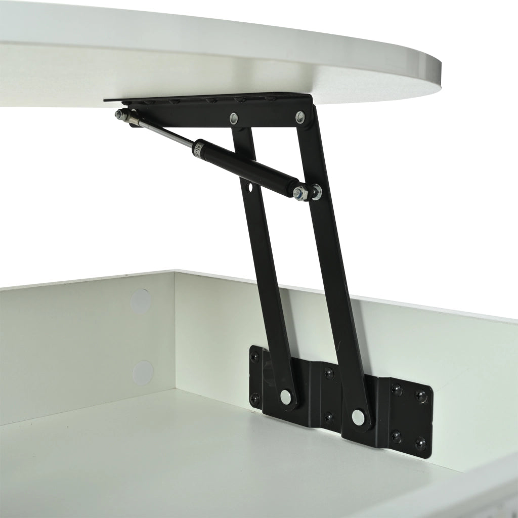 Tavolino da salotto elevabile rotondo con 5 vani e 2 serrande con LED; in MDF bianco lucido; 75×75×52 cm