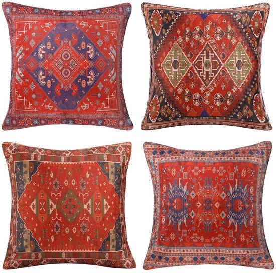 Cuscini decorativi - 45x45 cm - tessuto a quadri astratti - rosso - cotone e lino