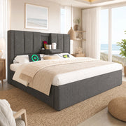Letto imbottito con contenitore 160 × 200 cm; lino grigio; USB e USB-C