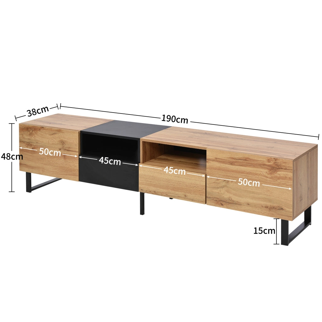 Mobile TV con 2 Ante e 2 Cassetti per Soggiorno; in MDF; Nero e Colore Legno; 190×38×48 cm