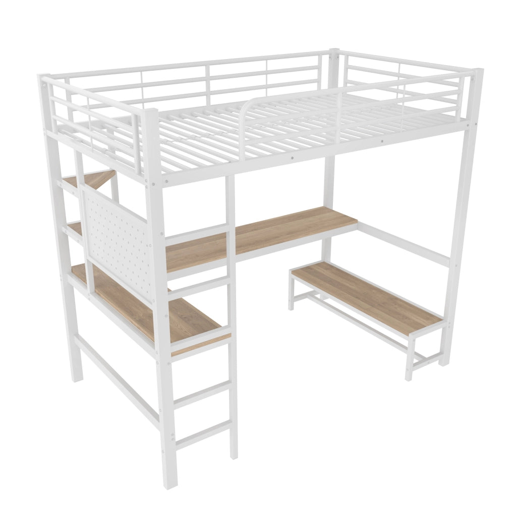 Letto a soppalco ULEVR 90x200 cm con scrivania, LED, prese USB e Type-C, ripiani, bianco