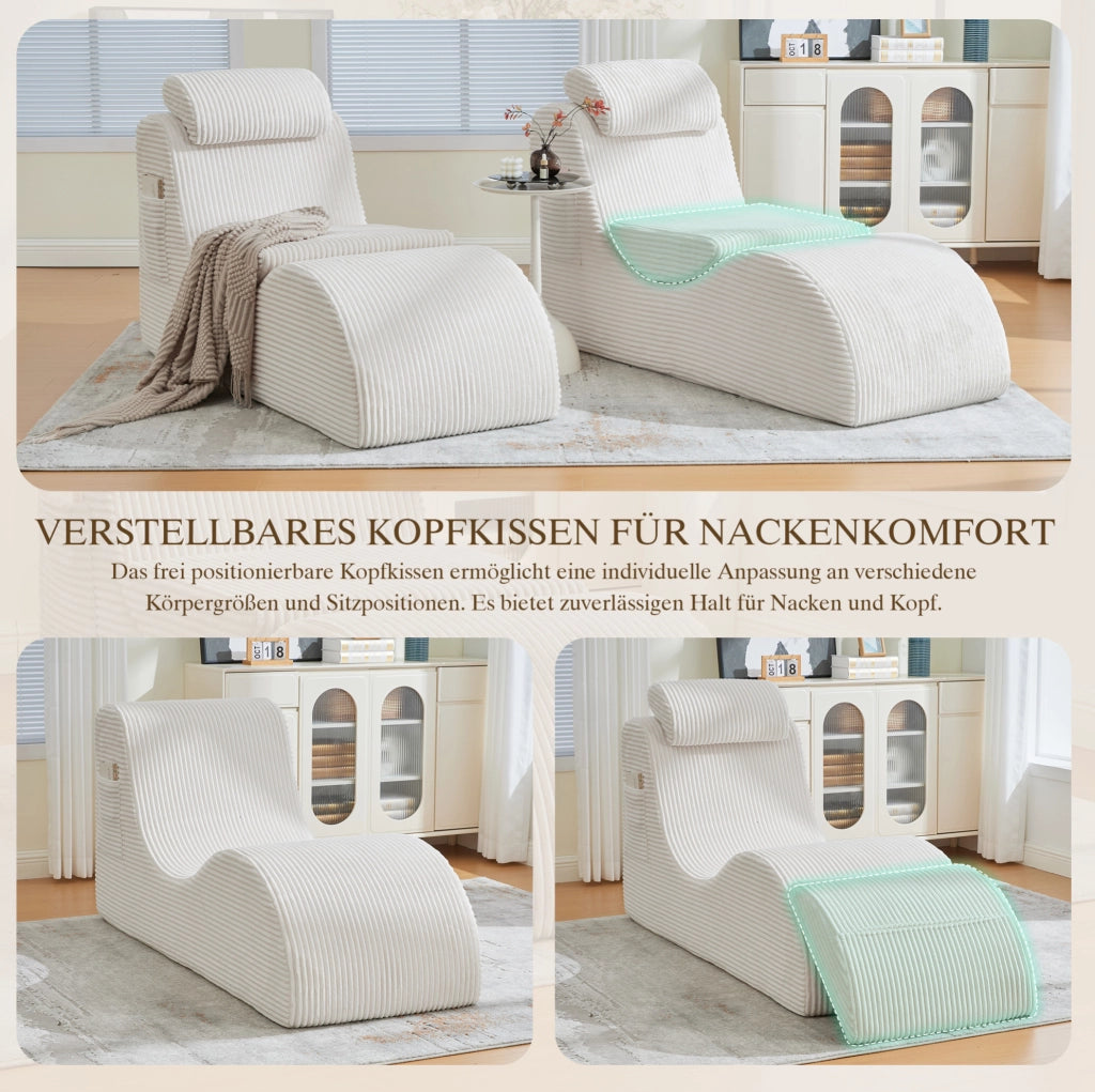 Poltrona ergonomica in velluto a coste con cuscino removibile e tasca laterale; beige; 160x66x90 cm