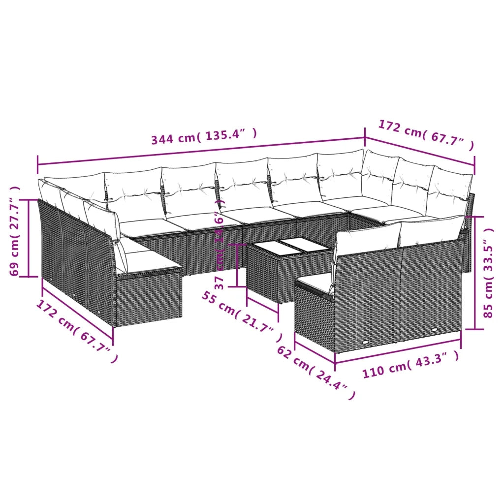 Set Divani da Giardino 13pz con Cuscini Nero in Polyrattan