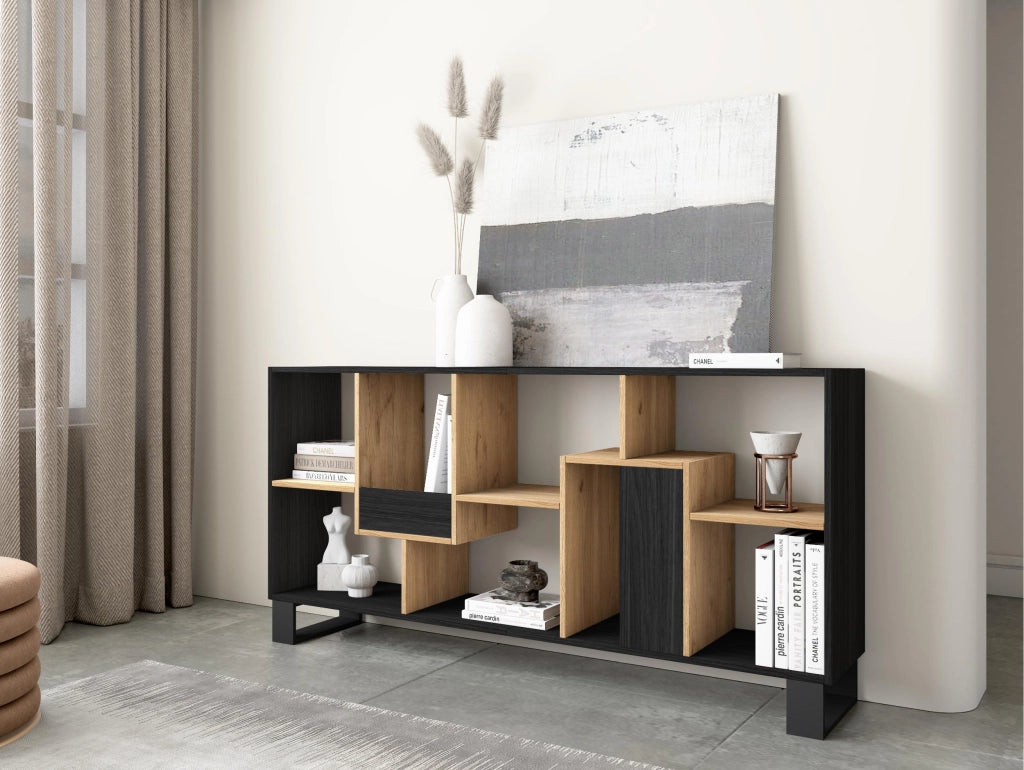 Libreria scaffale, 174x67x31, Design industriale, Nero e rovere RF4120