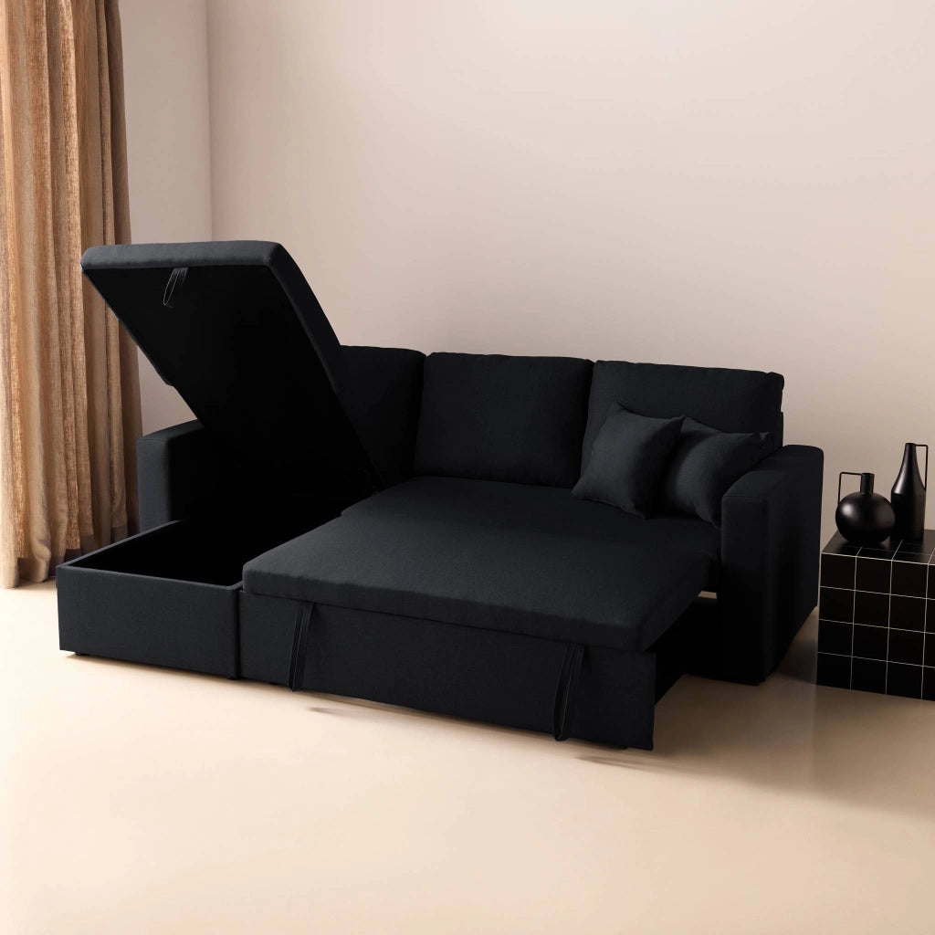 Divano letto angolare reversibile con contenitore, 3 posti, nero