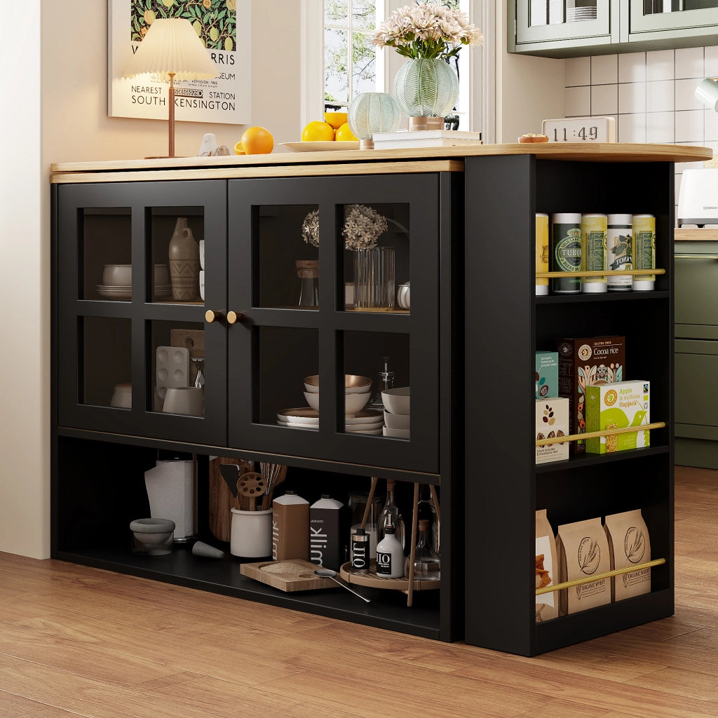 Mobile Bar con 2 Ante in Vetro e 5 Ripiani; Girevole ed Estensibile; in MDF; Nero; 138-204 x 39 x 102.5 cm
