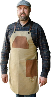 Cucina BBQ a tracolla di alta qualità in canapa e pelle autentica – grembiule da cucina, BBQ e barista con cinture in pelle di alta qualità – tracolla regolabile – modello Simon (L/XL)