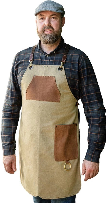 Cucina BBQ a tracolla di alta qualità in canapa e pelle autentica – grembiule da cucina, BBQ e barista con cinture in pelle di alta qualità – tracolla regolabile – modello Simon (L/XL)