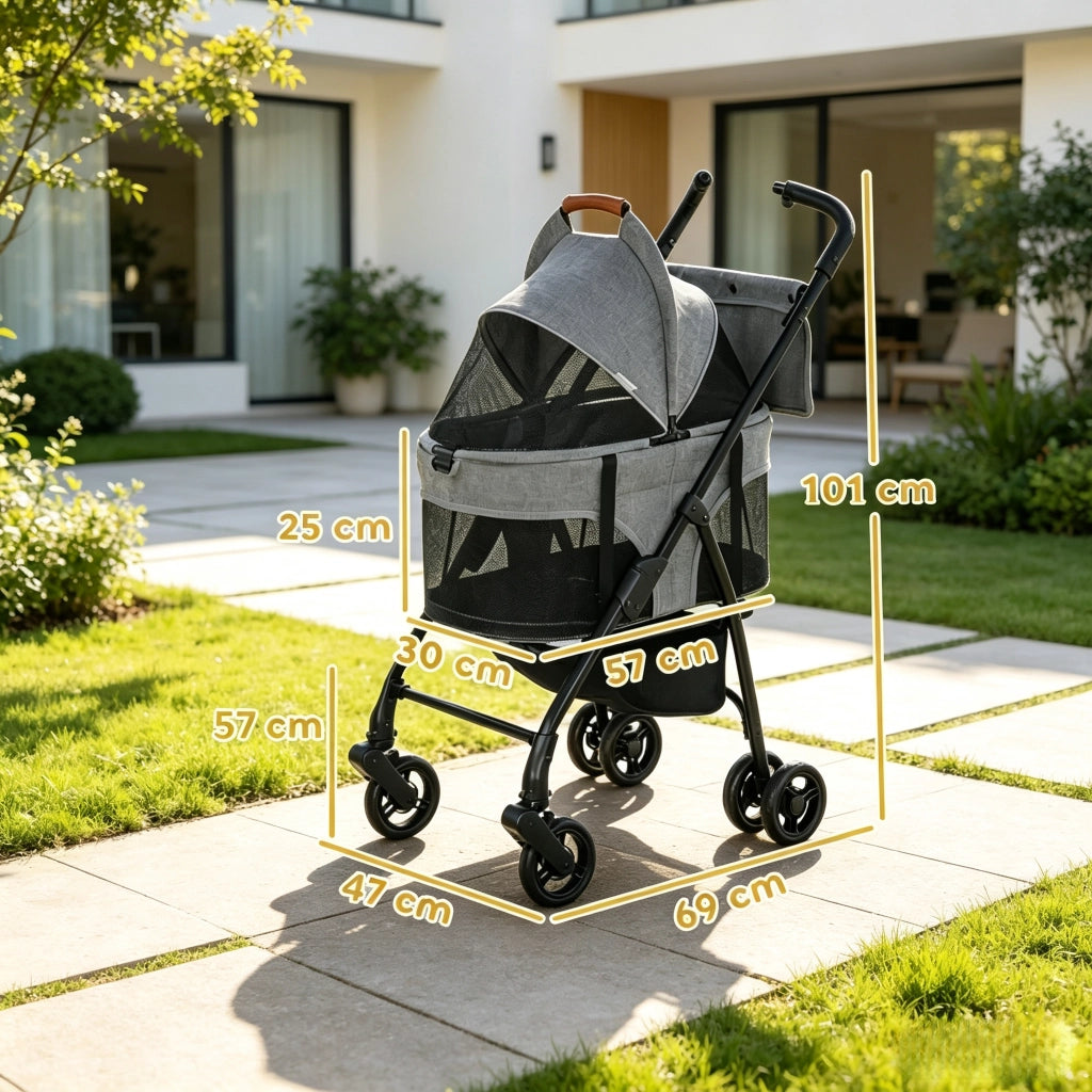 Passeggino per cani 3 in 1 con telaio pieghevole rimovibile.