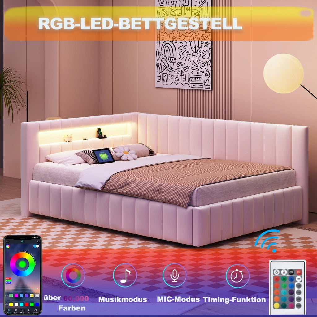 Letto divano 140 × 200 cm con LED, porta USB, schienale et testiera, senza materasso, in velluto, beige