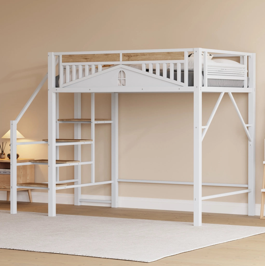 Letto a soppalco in metallo 140x200 cm con scala di sicurezza e spazio sotto il letto; bianco