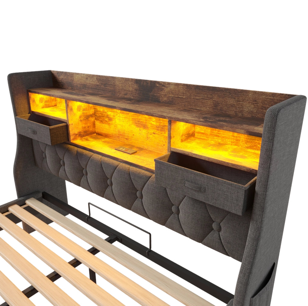 Letto imbottito 140x200 cm con LED, USB e Type-C, contenitore in lino grigio